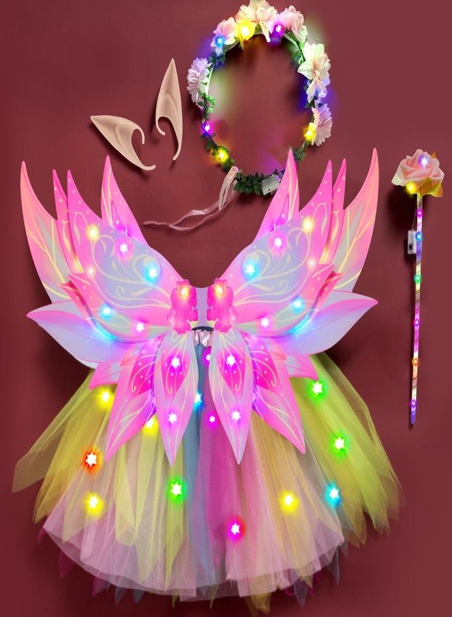 G.C 6pcs Girls Fairy Wings Costume Kids Toddler Light Up LED Butterfly Wings with Fairy Ears Wand Crown Tutu Halloween Princess Dress Up Gifts (Pink) - Image 5